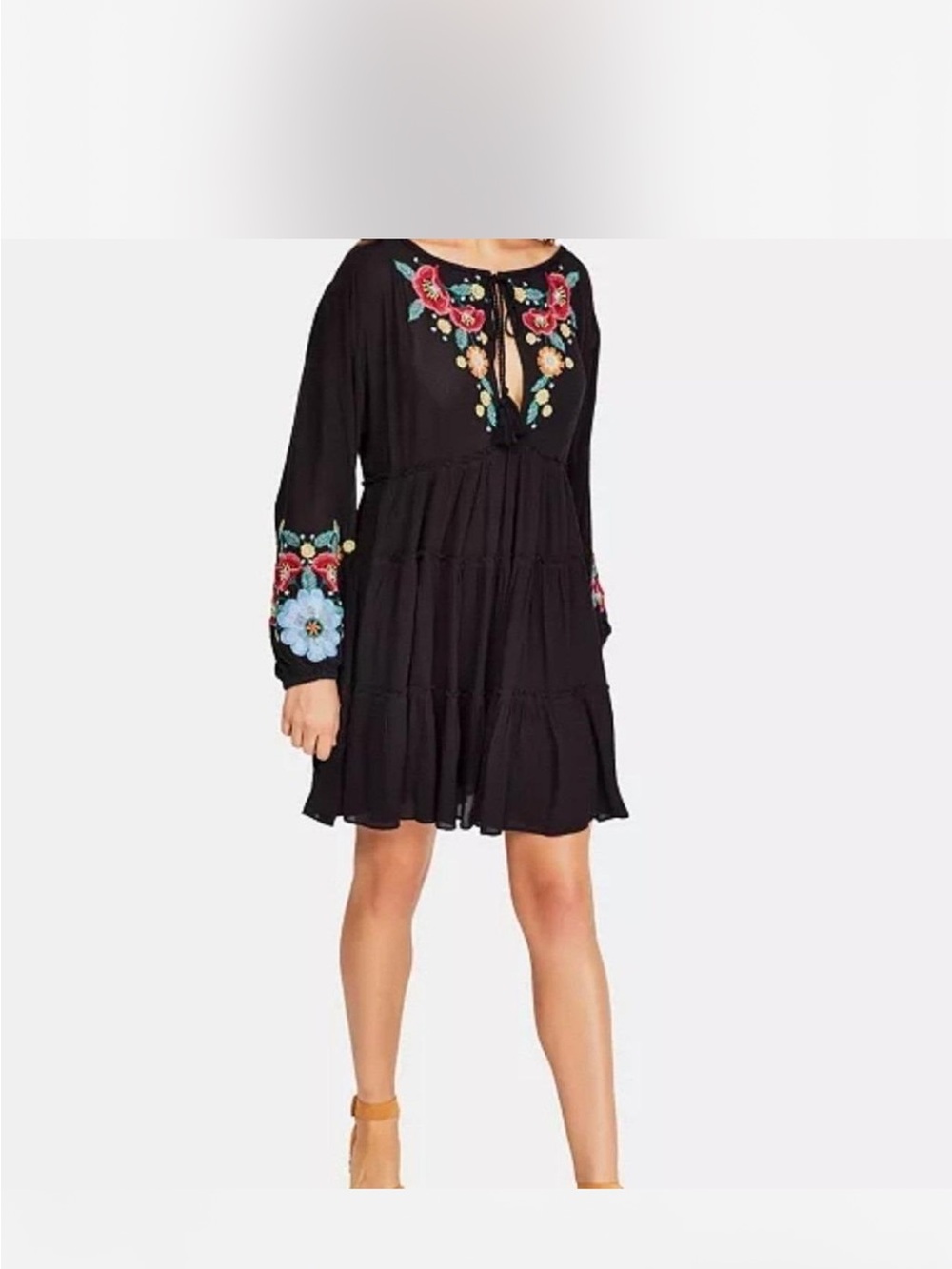 Free People Black Tiered Mini Dress with Colorful Floral Embroidery
